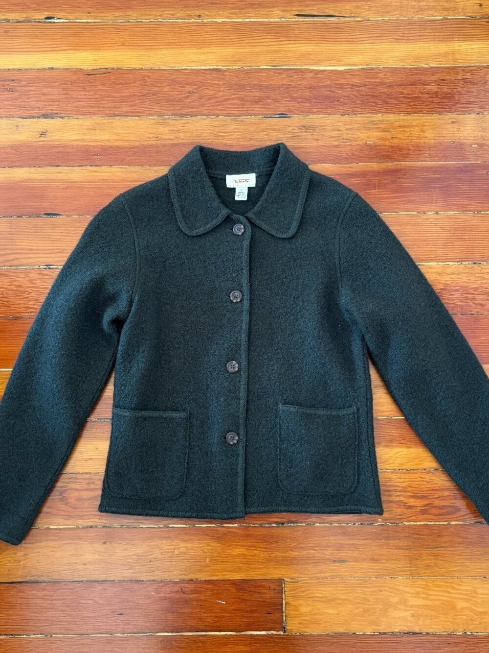 100% Wool Twee Peter Pan Collar Forest Green Cardigan Blazer Talbots Petite MED